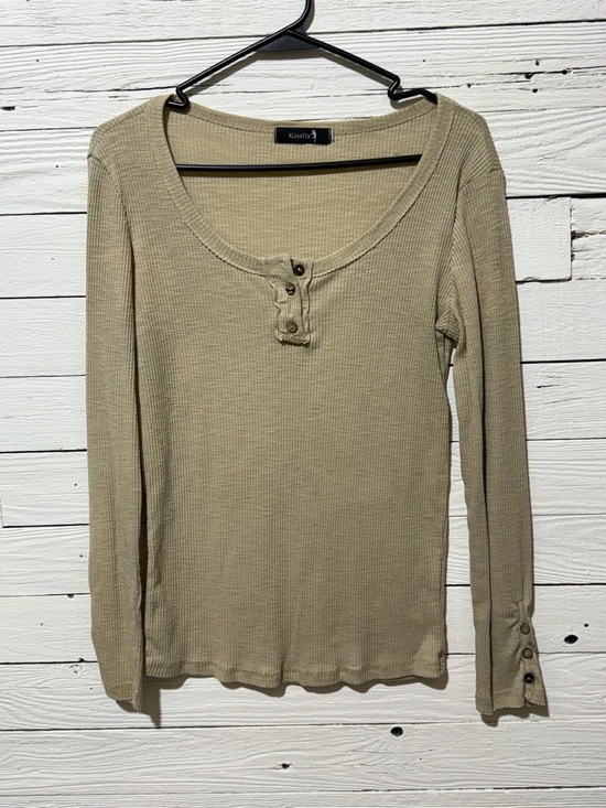 Kiss Fix Tops - Kensie Long Sleeve Ribbed Henley Top — Taupe Relaxed Fit Casual